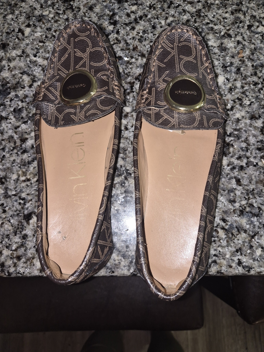 Calvin Klein Brown Logo-Print Women's Loafers with Gold Accent